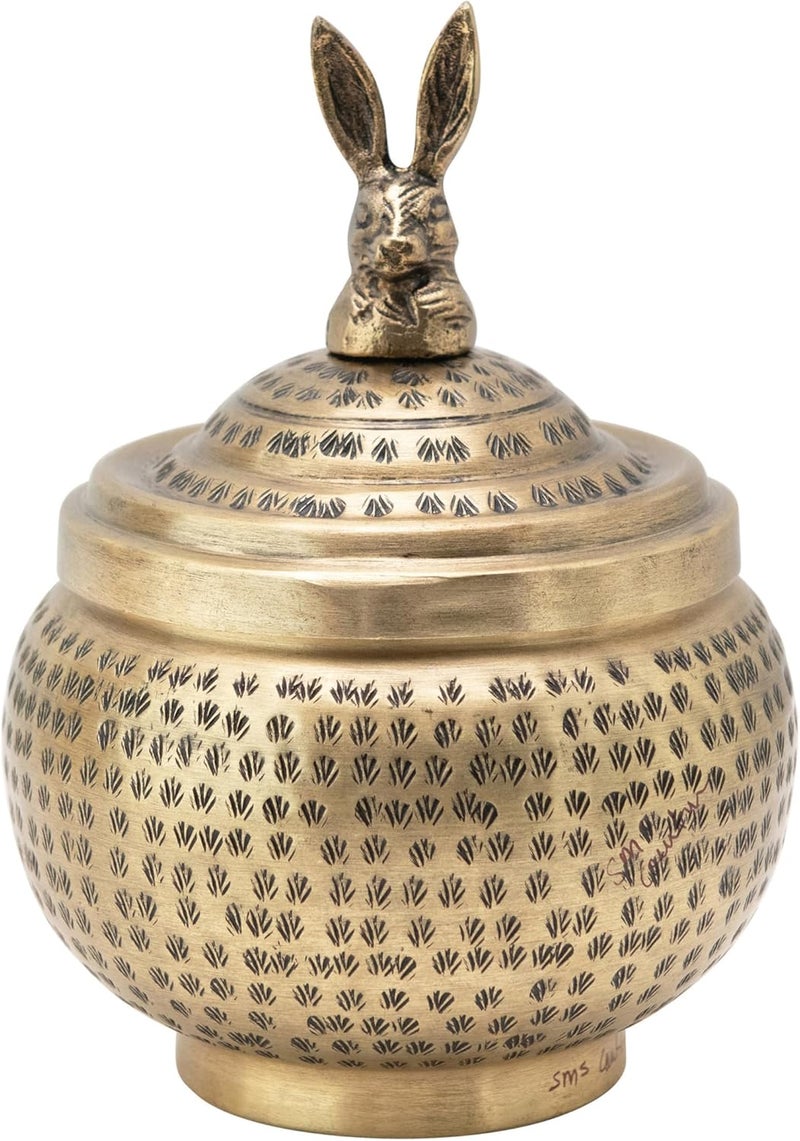 Creative Co-op Round Hammered Metal Container with Rabbit Finial, Brass Finish - Image 1